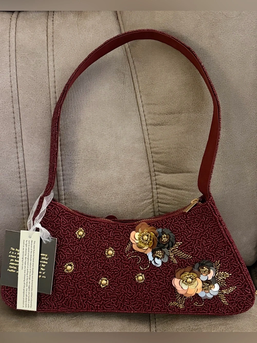 Burgundy Beaded Floral Applique Shoulder Bag